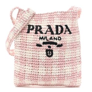 Prada Yarn Raffia Effect Crochet Embroidered Logo Tote Messenger Bag Pink