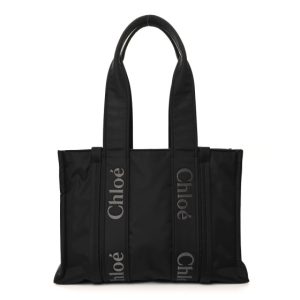 Chloe Recycled Polyester Medium Woody Ribbon Tote Black