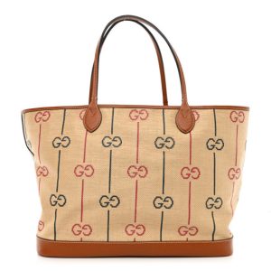 Gucci Straw Jacquard Dollar Calfskin GG Monogram Large Shopping Tote Natural Multicolor