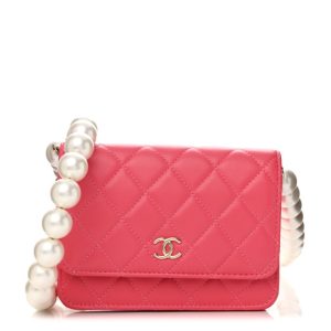 Chanel Calfskin Quilted Mini Maxi Pearls Wallet On Chain WOC Pink