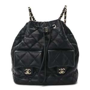 Chanel Lambskin Quilted Double Pocket Drawstring Backpack Black