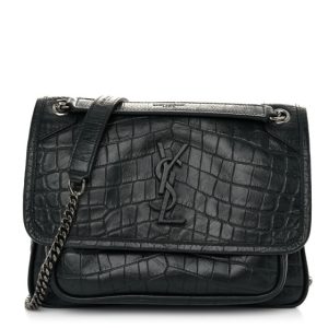 Saint Laurent Calfskin Crocodile Embossed Matelasse Monogram Baby Niki Chain Satchel Algea