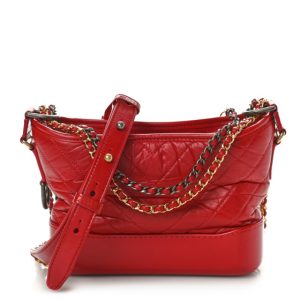Chanel Aged Calfskin Chevron Quilted Small Gabrielle Hobo Red