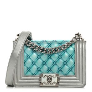 Chanel Iridescent Patent Calfskin PVC Quilted Small Boy Flap Blue