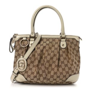 Gucci Monogram Margaux Calfskin Medium Sukey Top Handle Bag Beige Ebony Mystic White