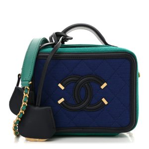 Chanel Jersey Quilted Small CC Filigree Vanity Case Blue Green