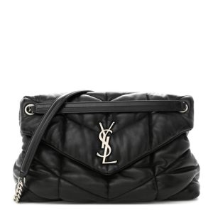 Saint Laurent Lambskin Quilted Medium Loulou Puffer Monogram Chain Satchel Black