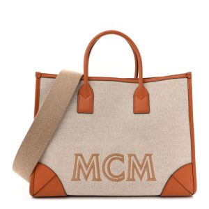 MCM Calfskin Linen Large Munchen Tote Cognac