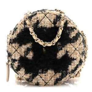Chanel Tweed Shearling Round Clutch With Chain and Coin Purse Beige Black