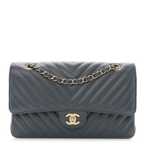 Chanel Lambskin Chevron Quilted Medium Double Flap Dark Grey