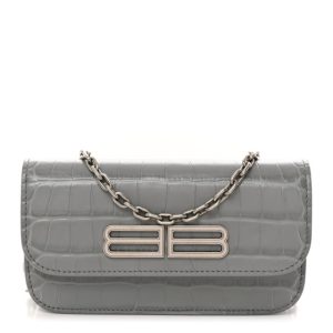 Balenciaga Extra Supple Calfskin Crocodile Embossed Gossip Chain Bag XS Grey