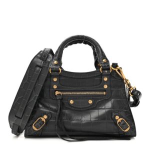Balenciaga Shiny Supple Calfskin Crocodile Embossed Neo Classic Gold Hardware Mini City Black