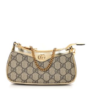 Gucci GG Supreme Monogram Lame Textured Dollar Calfskin Mini Ophidia Chain Bag Beige Ebony Gold