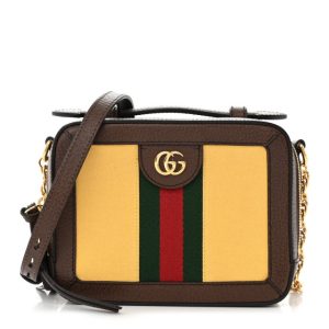 Gucci Canvas Textured Calfskin Web Mini Ophidia Top Handle Shoulder Bag Easy  Yellow Dark Brown