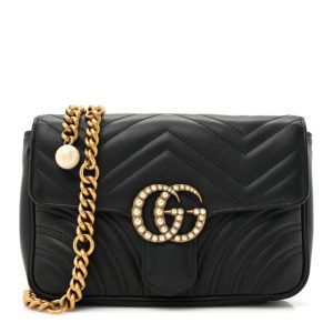 Gucci Calfskin Matelasse Pearly GG Marmont Chain Belt Bag Black