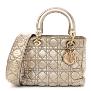 Christian Dior Metallic Grained Calfskin Cannage Medium Supple Lady Dior Gold