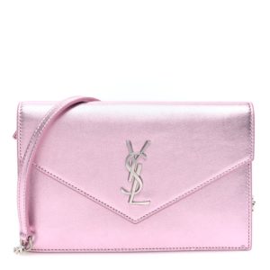 Saint Laurent Metallic Calfskin Monogram Envelope Chain Wallet Pink