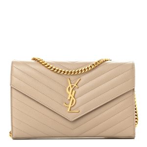 Saint Laurent Grain De Poudre Matelasse Chevron Monogram Chain Wallet Dark Beige