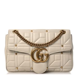 Gucci Calfskin Matelasse Studded Medium GG Marmont Shoulder Bag White