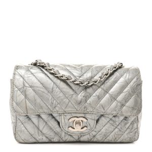 Chanel Patent Metallic Crumpled Calfskin Chevron Quilted Mini Rectangular Flap Silver