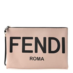 Fendi Vitello Fluffy Grace Logo Embossed Large Flat Pouch Rosa Quarzo Black