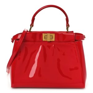 Fendi Vitello Vernice Mou Mini Peekaboo Iconic Satchel Rosso Cardinale