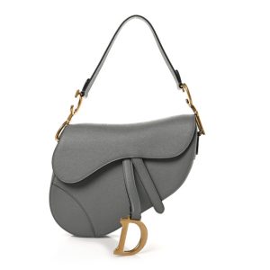 Christian Dior Grained Calfskin Saddle Bag Grey Stone