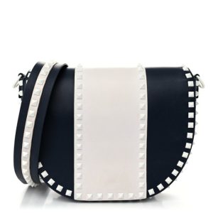 Valentino Garavani Vitello Colorblock Large Free Rockstud Halfmoon Saddle Bag Marine White
