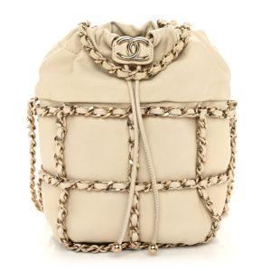 Chanel Lambskin Bucket Chain Drawstring Bag Beige