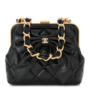 Chanel Patent Crumpled Lambskin Quilted Maxi Bow Clutch With Chain Black