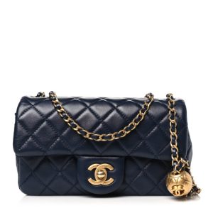 Chanel Lambskin Quilted Mini Pearl Crush Rectangular Flap Navy Blue