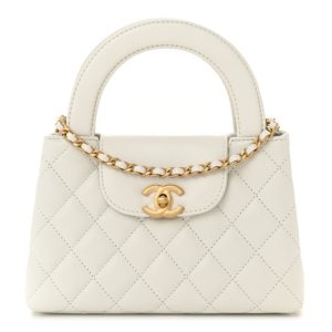 Chanel Shiny Aged Calfskin Quilted Nano Kelly Shopper White