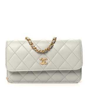 Chanel Lambskin Pearl Crush Quilted Flap Phone Holder With Chain Light Grey