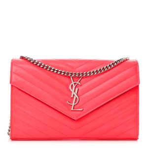 Saint Laurent Patent Grain De Poudre Matelasse Chevron Monogram Chain Wallet Neon Pink