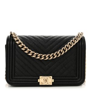 Chanel Caviar Chevron Quilted Mini Boy Wallet On Chain WOC Black