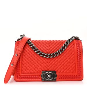 Chanel Calfskin Chevron Quilted Medium Braided Boy Flap Orange