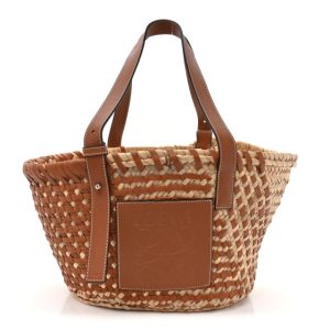 Loewe Raffia Calfskin Woven Basket Tote Bag Natural Tan