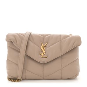 Saint Laurent Lambskin Quilted Toy Loulou Puffer Monogram Chain Satchel Dark Beige