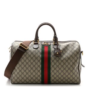 Gucci GG Supreme Monogram Textured Dollar Calfskin Web Large Savoy Duffle Bag Beige Ebony New Acero