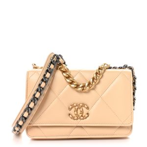 Chanel Lambskin Quilted Chanel 19 Wallet On Chain WOC Beige