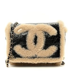 Chanel Shiny Crumpled Sheepskin Shearling CC Mania Flap Bag Black Beige