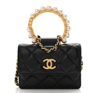 Chanel Lambskin Quilted Pearl Crown Clutch With Chain Black