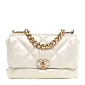 Chanel Iridescent Calfskin Quilted Large Chanel 19 Flap White
