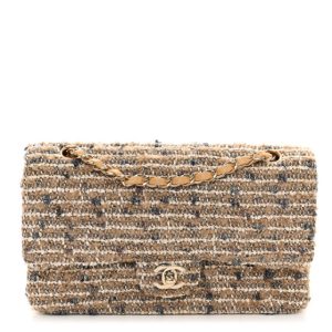Chanel Tweed Quilted Medium Double Flap Beige Gold Multicolor