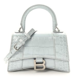 Balenciaga Shiny Calfskin Crocodile Embossed Hourglass Top Handle Bag XS Ash Blue