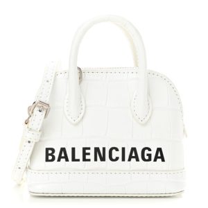 Balenciaga Calfskin Logo Crocodile Embossed Mini Ville Top Handle Bag White Black