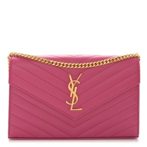 Saint Laurent Grain De Poudre Matelasse Chevron Monogram Chain Wallet Bubblegum
