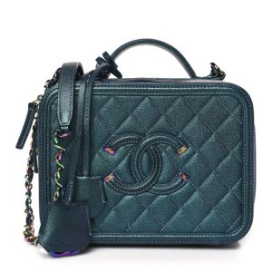 Chanel Iridescent Caviar Quilted Medium CC Filigree Vanity Case Dark Turquoise