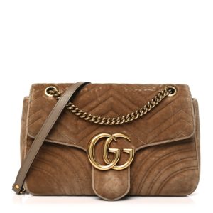 Gucci Velvet Matelasse Medium GG Marmont Shoulder Bag Taupe