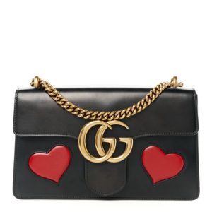 Gucci Knight Calfskin Malaga Kid Heart Medium GG Marmont Chain Handle Bag Black Hibiscus Red Multicolor